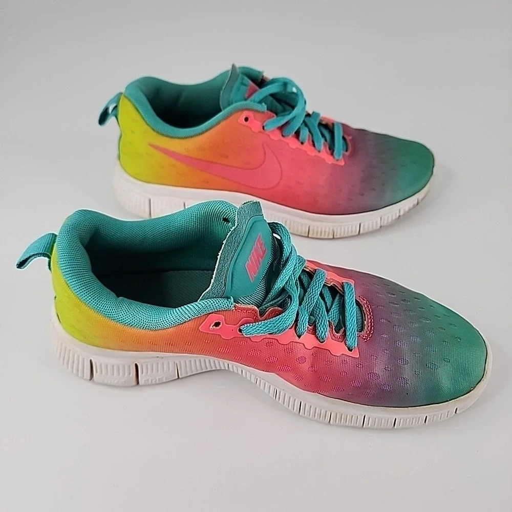 Nike‎ Girls Free Express 5.0 Pink Teal Running Shoes Sneakers Size 6 1866-300